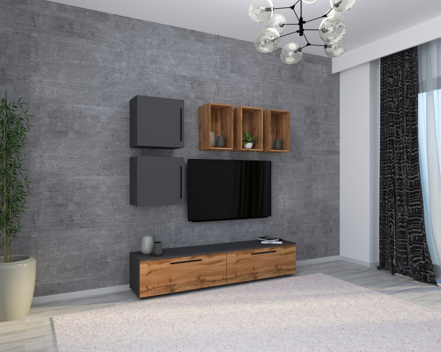 VCM NORDIC Arila L 7-stk. hyllesystem, m. 4 drer, 11 rom, 2 hyller - antrasittgr og naturlig tre