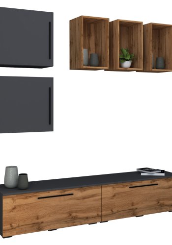 VCM NORDIC Arila L 7-stk. hyllesystem, m. 4 drer, 11 rom, 2 hyller - antrasittgr og naturlig tre