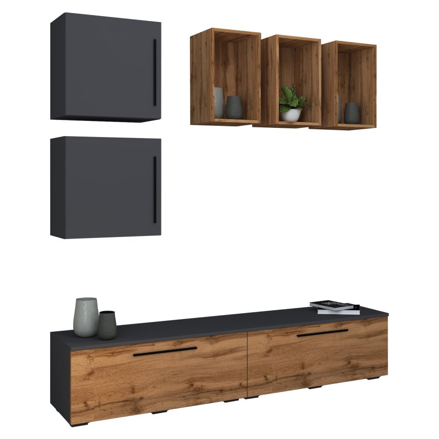 VCM NORDIC Arila L 7-stk. hyllesystem, m. 4 drer, 11 rom, 2 hyller - antrasittgr og naturlig tre