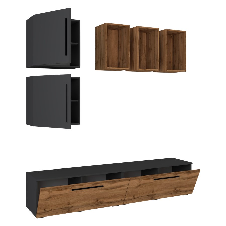 VCM NORDIC Arila L 7-stk. hyllesystem, m. 4 drer, 11 rom, 2 hyller - antrasittgr og naturlig tre