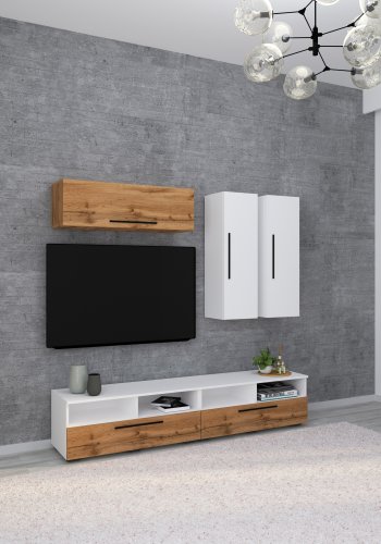 VCM NORDIC Arila XL 5-teiliges Regalsystem, mit 5 Türen, 17 Fächern, 8 Böden - Weiß und Naturholz