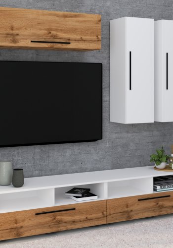 VCM NORDIC Arila XL 5-teiliges Regalsystem, mit 5 Türen, 17 Fächern, 8 Böden - Weiß und Naturholz