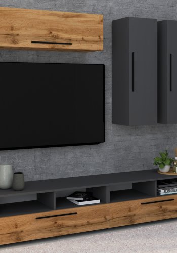 VCM NORDIC Arila XL 5-teiliges Regalsystem, mit 5 Türen, 17 Fächern, 8 Böden – Anthrazitgrau und Naturholz