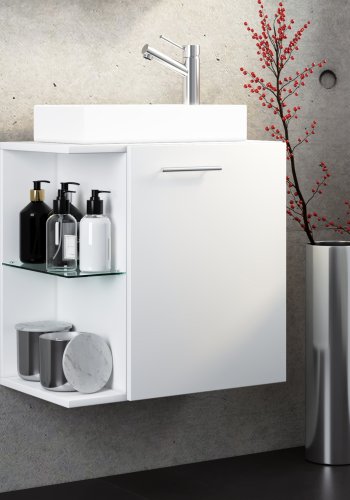 VCM NORDIC Hausa 2-delt gjesteservant, m. vask, 1 dr, 1 glasshylle - keramikk og hvitt tre