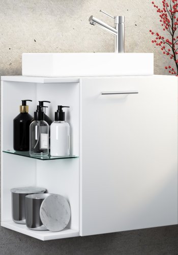 VCM NORDIC Hausa 2-delt gjesteservant, m. vask, 1 dr, 1 glasshylle - keramikk og hvitt tre