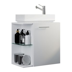 VCM NORDIC Hausa 2-delat gästtvättställ, m. handfat, 1 dörr, 1 glashylla - keramik och vitt trä