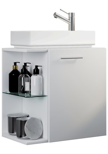 VCM NORDIC Hausa 2-delt gjesteservant, m. vask, 1 dr, 1 glasshylle - keramikk og hvitt tre