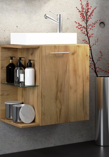 VCM NORDIC Hausa 2-delt gjesteservant, m. vask, 1 dr, 1 glasshylle - keramikk og naturlig tre