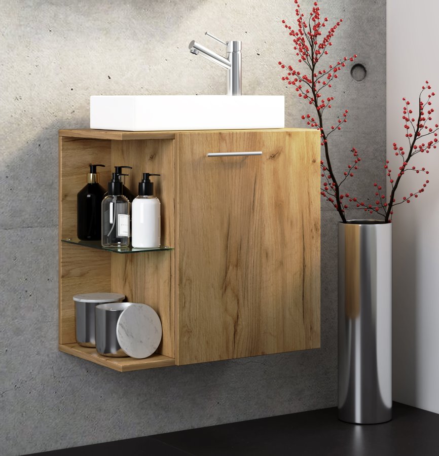 VCM NORDIC Hausa 2-delt gjesteservant, m. vask, 1 dr, 1 glasshylle - keramikk og naturlig tre