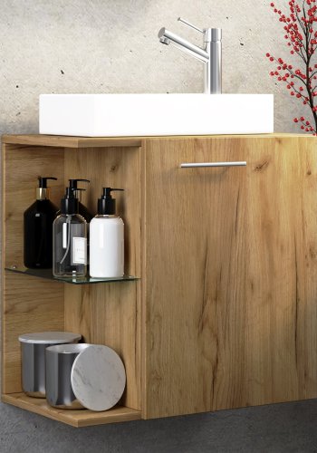 VCM NORDIC Hausa 2-delt gjesteservant, m. vask, 1 dr, 1 glasshylle - keramikk og naturlig tre