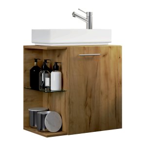 VCM NORDIC Hausa 2-delat gsttvttstll, med handfat, 1 drr, 1 glashylla - keramik och naturligt tr