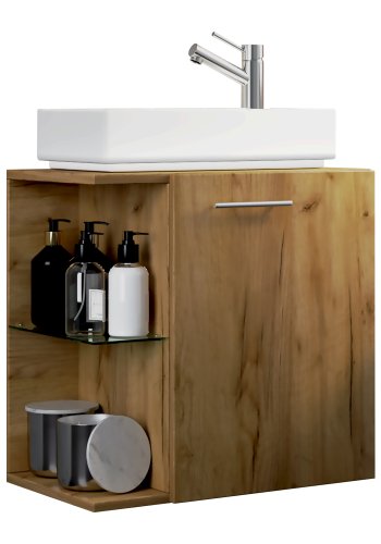 VCM NORDIC Hausa 2-delt gjesteservant, m. vask, 1 dr, 1 glasshylle - keramikk og naturlig tre