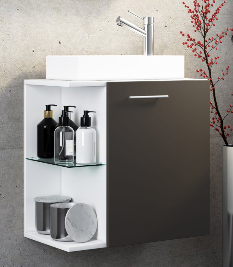 VCM NORDIC Hausa 2-delt gjesteservant, m. vask, 1 dr, 1 glasshylle - hvit og antrasittgr tre