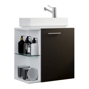 VCM NORDIC Hausa 2-delat gästtvättställ, m. handfat, 1 dörr, 1 glashylla - vit och antracitgr trä