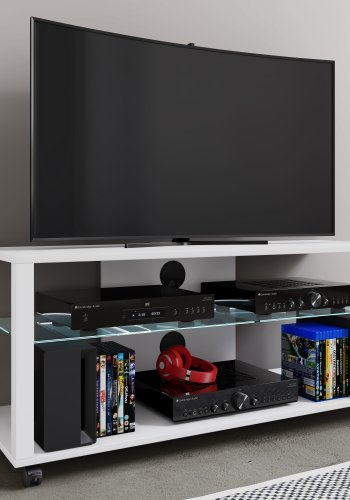 VCM NORDIC Folas L HiFi- und TV-Tisch, m. 1 Glasablage und Rollen - Holz weiß (115x41)