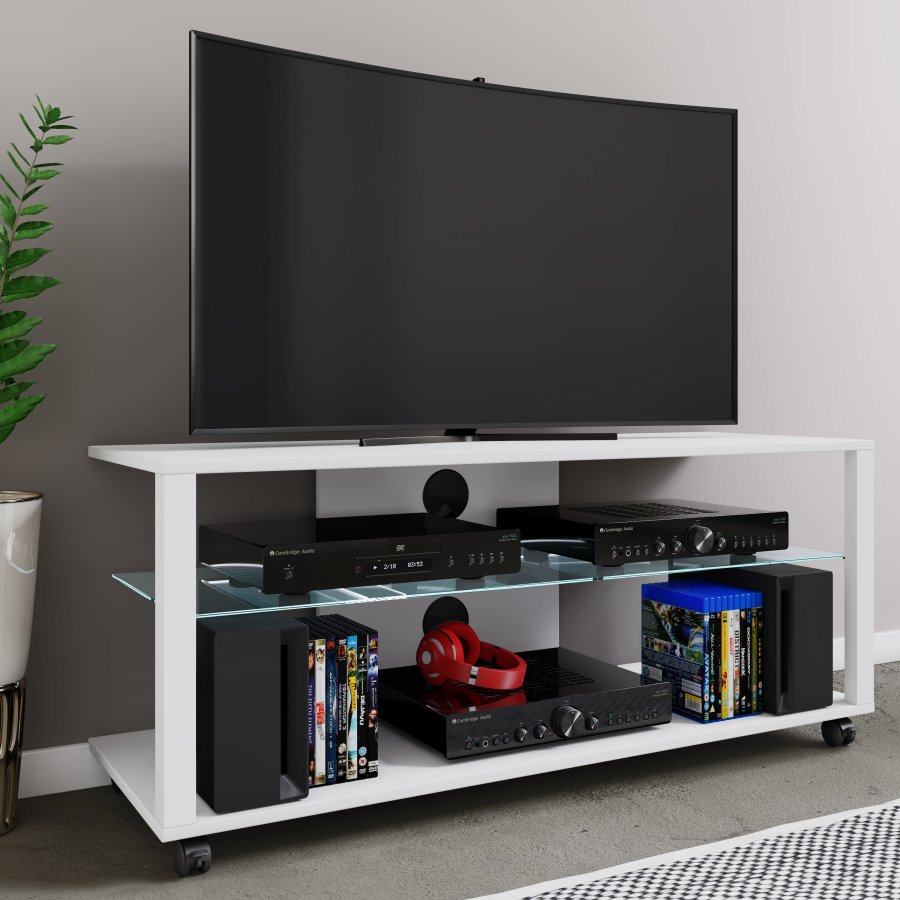 VCM NORDIC Folas L HiFi- und TV-Tisch, m. 1 Glasablage und Rollen - Holz weiß (115x41)
