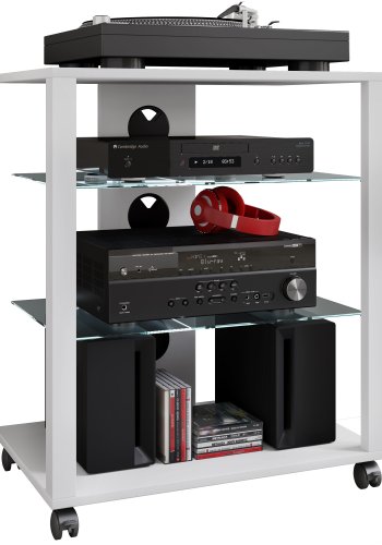 VCM NORDIC Folas Hi-Fi- und TV-Tisch, m. 2 Glasböden und Rollen - Holz weiß (60x41)
