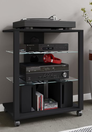 VCM NORDIC Folas Hi-Fi- und TV-Tisch, m. 2 Glasböden und Rollen - schwarzes Holz (60x41)