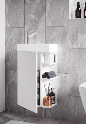 VCM NORDIC Lumia 2-teiliger Gästewaschtisch, m. Waschbecken, 1 Tür, 3 Ablagen - Keramik und weißes Holz