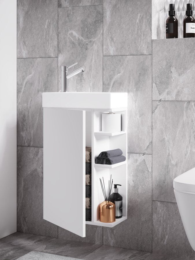 VCM NORDIC Lumia 2-teiliger Gästewaschtisch, m. Waschbecken, 1 Tür, 3 Ablagen - Keramik und weißes Holz