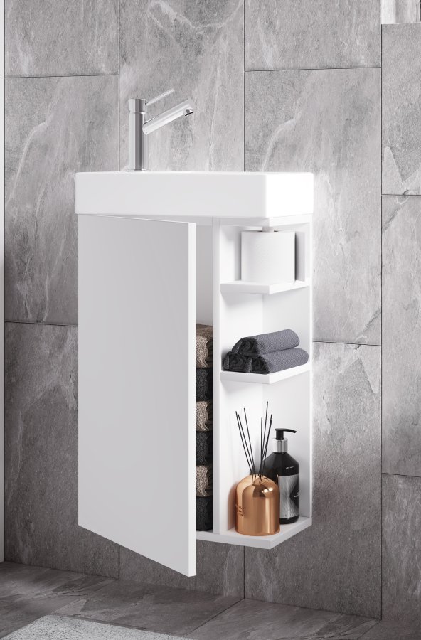 VCM NORDIC Lumia 2-teiliger Gästewaschtisch, m. Waschbecken, 1 Tür, 3 Ablagen - Keramik und weißes Holz