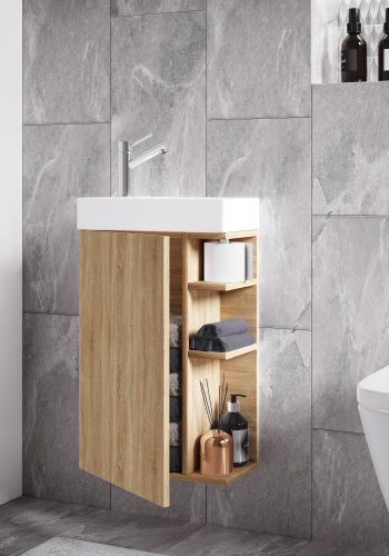 VCM NORDIC Lumia 2-teiliger Gästewaschtisch, mit Spüle, 1 Tür, 3 Ablagen - Keramik und Naturholz