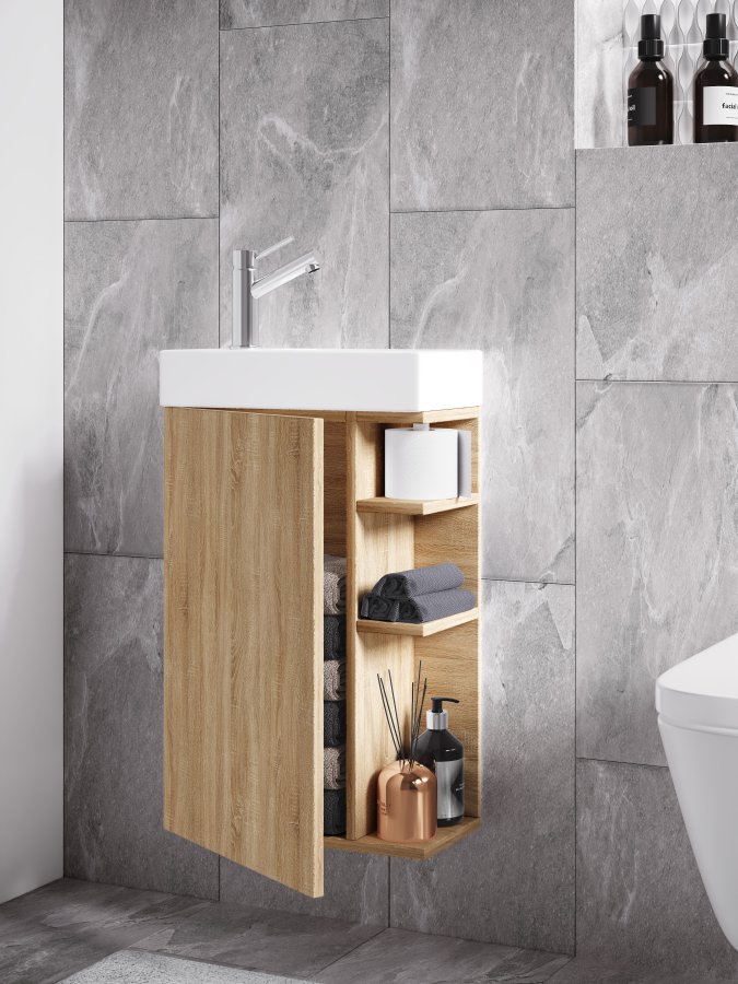 VCM NORDIC Lumia 2-teiliger Gästewaschtisch, mit Spüle, 1 Tür, 3 Ablagen - Keramik und Naturholz