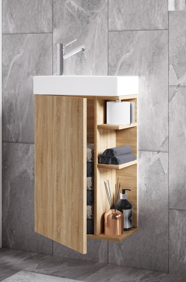 VCM NORDIC Lumia 2-teiliger Gästewaschtisch, mit Spüle, 1 Tür, 3 Ablagen - Keramik und Naturholz