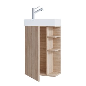 VCM NORDIC Lumia 2-delat gästtvättställ, med handfat, 1 dörr, 3 hyllplan - keramik och naturligt trä