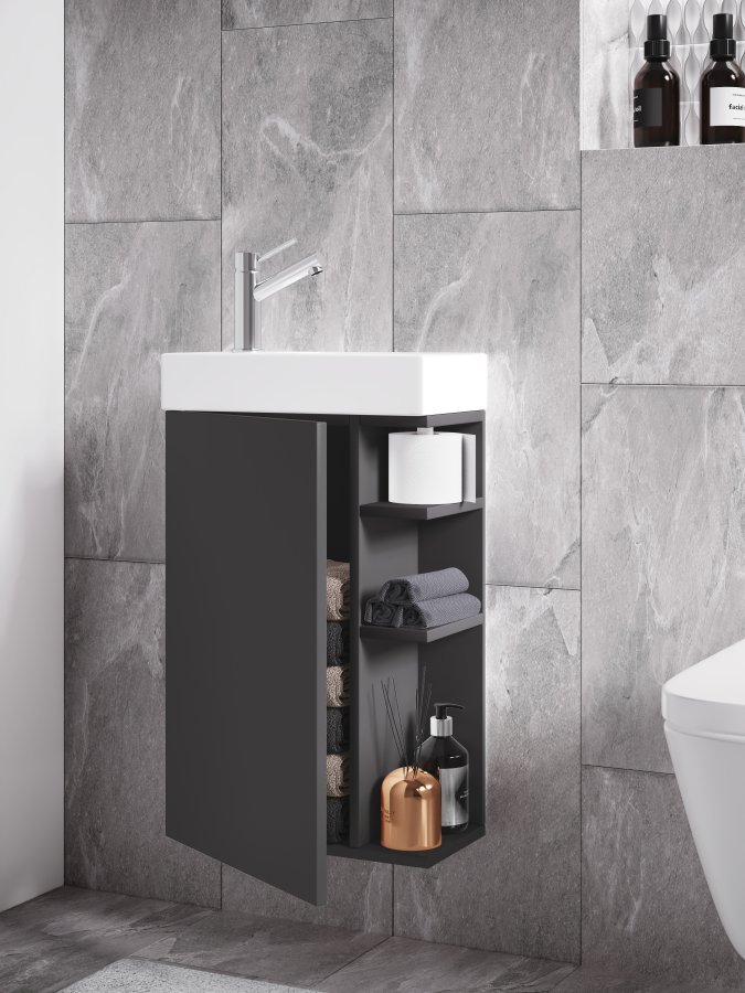 VCM NORDIC Lumia 2-teiliger Gästewaschtisch, m. Waschbecken, 1 Tür, 3 Ablagen – Keramik und anthrazitgraues Holz