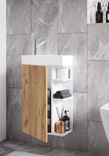 VCM NORDIC Lumia 2-teilig Gästewaschtisch, m. Waschbecken, 1 Tür, 3 Ablagen - Keramik und Weiß und Naturholz