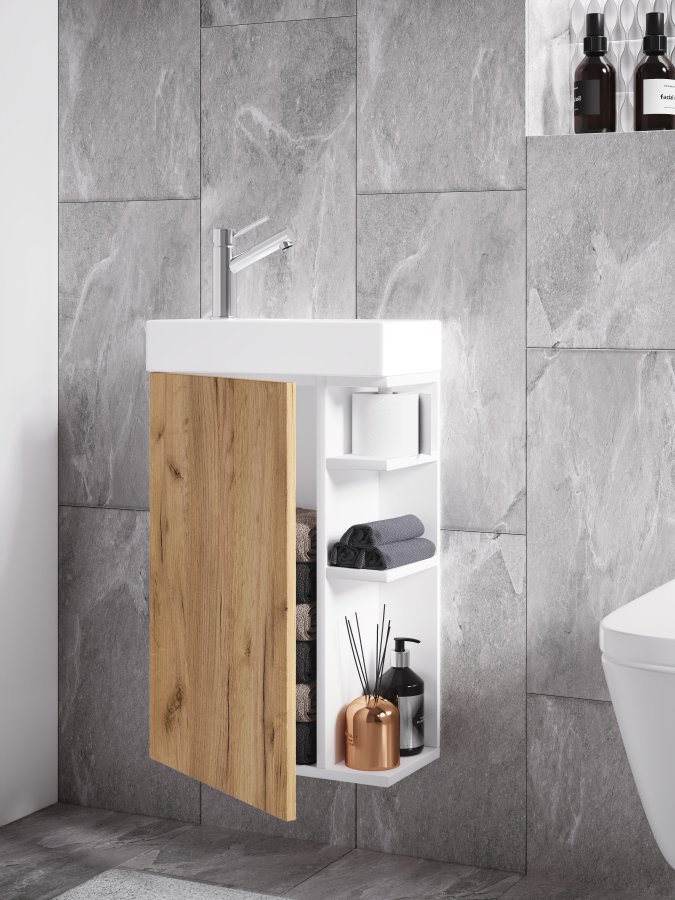 VCM NORDIC Lumia 2-teilig Gästewaschtisch, m. Waschbecken, 1 Tür, 3 Ablagen - Keramik und Weiß und Naturholz