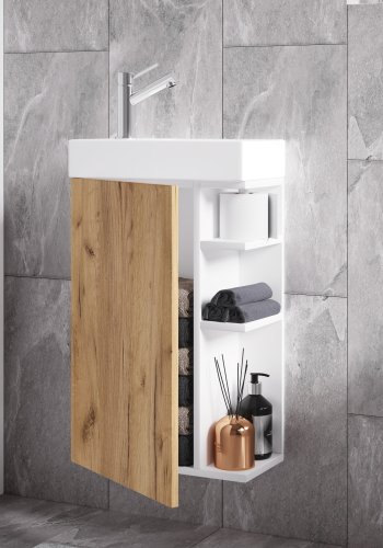 VCM NORDIC Lumia 2-teilig Gästewaschtisch, m. Waschbecken, 1 Tür, 3 Ablagen - Keramik und Weiß und Naturholz