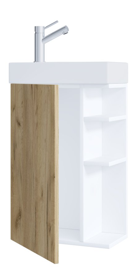VCM NORDIC Lumia 2-teilig Gästewaschtisch, m. Waschbecken, 1 Tür, 3 Ablagen - Keramik und Weiß und Naturholz