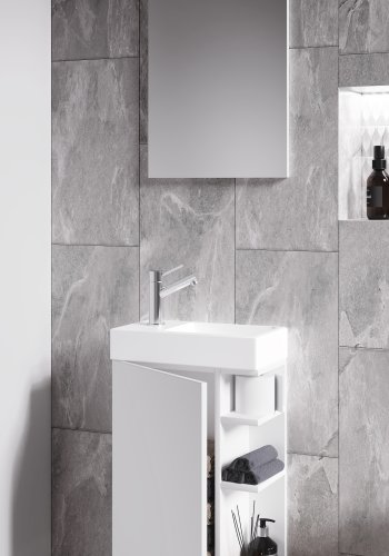 VCM NORDIC Lumia 3-teiliger Gästewaschtisch, mit Spiegel, Waschtisch, 1 Tür, 2 Ablagen -  Keramik und weißes Holz