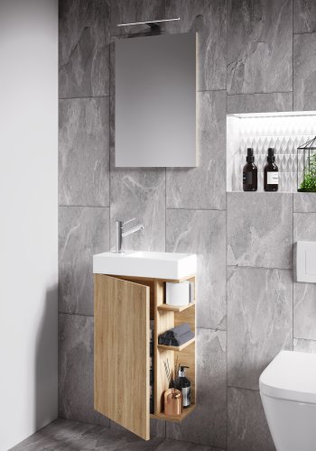 VCM NORDIC Lumia 3-teilig Gästewaschtisch, mit Spiegel, Waschtisch, 1 Tür, 2 Ablagen - Keramik und Naturholz