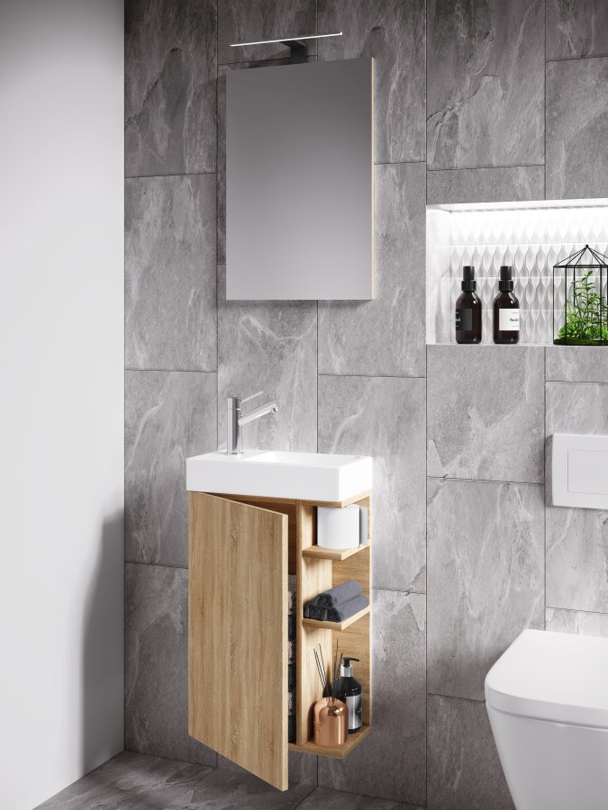 VCM NORDIC Lumia 3-teilig Gästewaschtisch, mit Spiegel, Waschtisch, 1 Tür, 2 Ablagen - Keramik und Naturholz