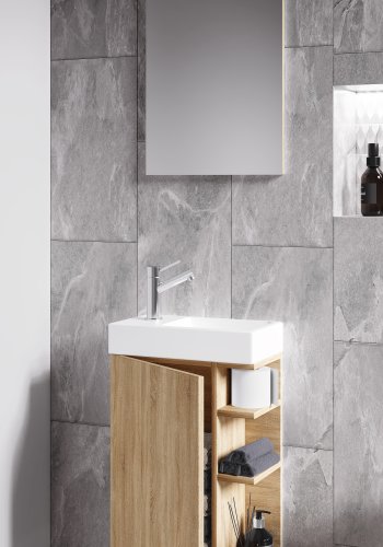 VCM NORDIC Lumia 3-teilig Gästewaschtisch, mit Spiegel, Waschtisch, 1 Tür, 2 Ablagen - Keramik und Naturholz