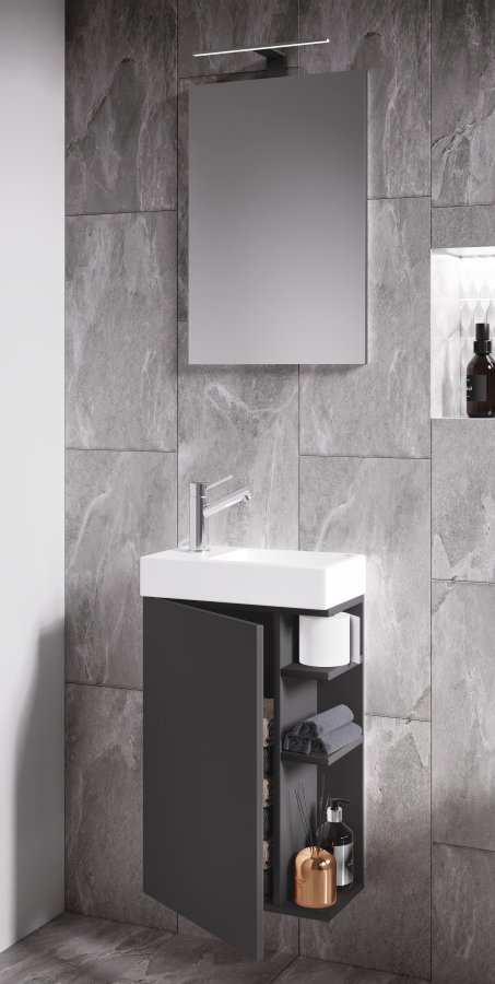 VCM NORDIC Lumia 3-teiliges Gästewaschbecken, mit Spiegel, Waschbecken, 1 Tür, 2 Ablagen – Holz anthrazitgrau