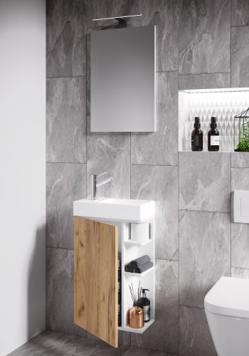 VCM NORDIC Lumia 3-delt gjesteservant, m. speil, vask, 1 dr, 2 hyller - hvit og naturlig tre