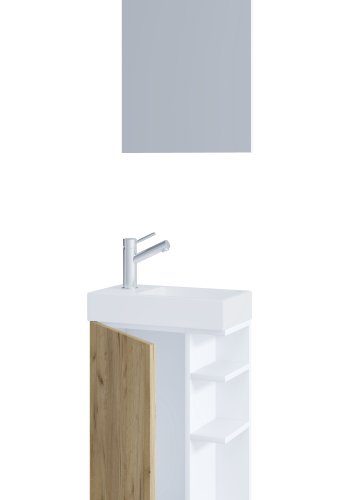 VCM NORDIC Lumia 3-delt gjesteservant, m. speil, vask, 1 dr, 2 hyller - hvit og naturlig tre