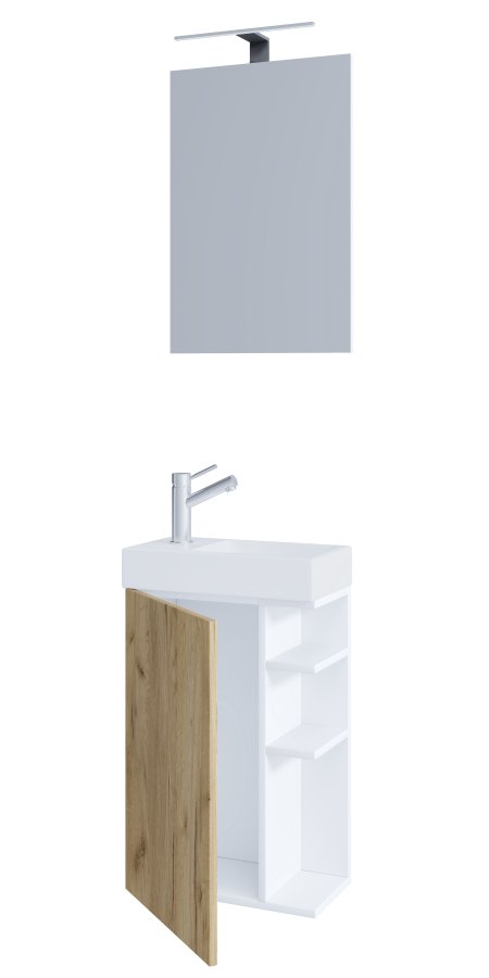 VCM NORDIC Lumia 3-delt gjesteservant, m. speil, vask, 1 dr, 2 hyller - hvit og naturlig tre