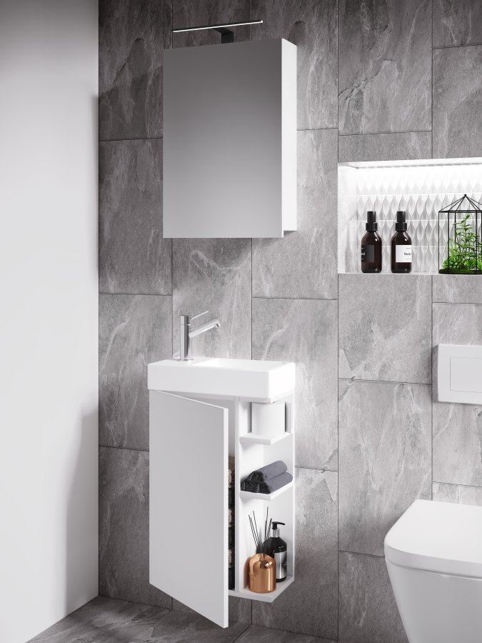 VCM NORDIC Lumia 3-teilig Gästewaschtisch, m. Spiegelschrank, Waschtisch, 1 Tür, 2 Ablagen - Holz weiß