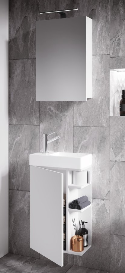 VCM NORDIC Lumia 3-teilig Gästewaschtisch, m. Spiegelschrank, Waschtisch, 1 Tür, 2 Ablagen - Holz weiß