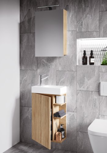 VCM NORDIC Lumia 3-teilig Gästewaschtisch, m. Spiegelschrank, Waschtisch, 1 Tür, 2 Ablagen - Holz natur