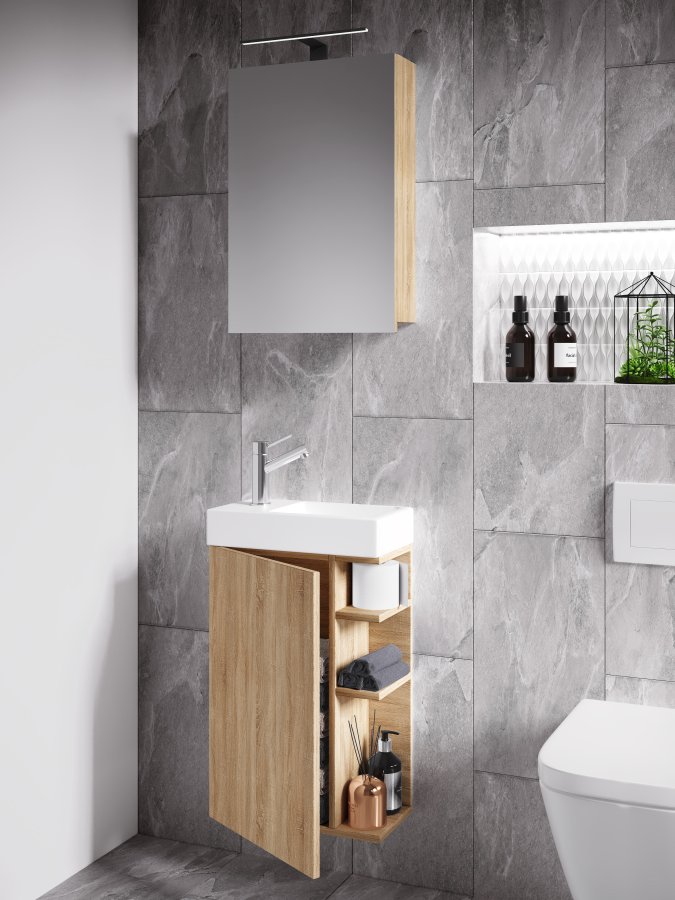 VCM NORDIC Lumia 3-teilig Gästewaschtisch, m. Spiegelschrank, Waschtisch, 1 Tür, 2 Ablagen - Holz natur