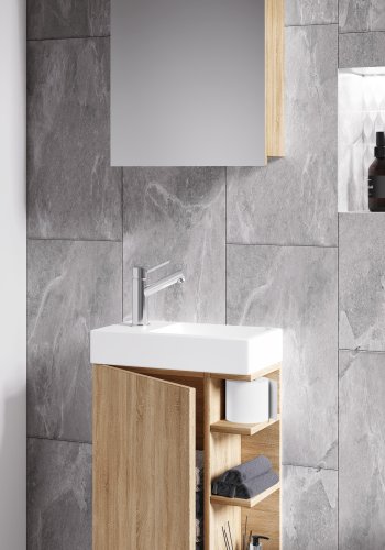 VCM NORDIC Lumia 3-teilig Gästewaschtisch, m. Spiegelschrank, Waschtisch, 1 Tür, 2 Ablagen - Holz natur