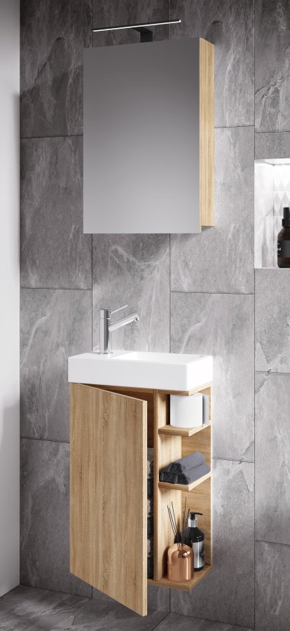 VCM NORDIC Lumia 3-teilig Gästewaschtisch, m. Spiegelschrank, Waschtisch, 1 Tür, 2 Ablagen - Holz natur