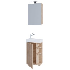 VCM NORDIC Lumia 3-delat gästtvättställ, m. spegelskp, handfat, 1 dörr, 2 hyllplan - naturträ