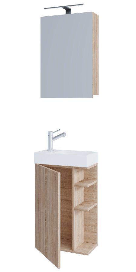 VCM NORDIC Lumia 3-teilig Gästewaschtisch, m. Spiegelschrank, Waschtisch, 1 Tür, 2 Ablagen - Holz natur
